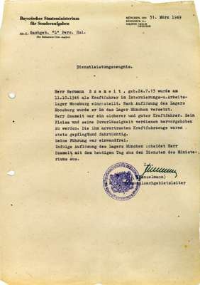 1949, Hermann SZAMEIT - Dienstleistungszeugnis als Kraftfahrer im Internierungslager Moosburg