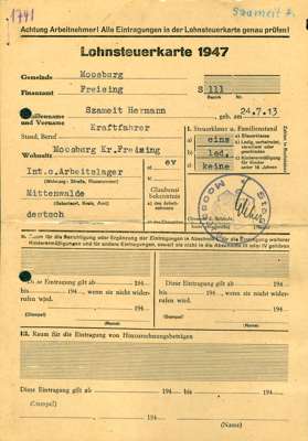 SZAMEIT Hermann, Lohnsteuerkarte 1947