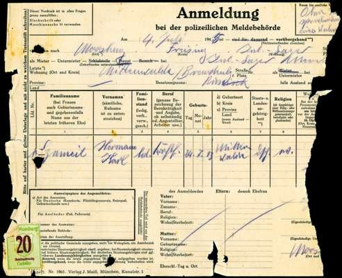 Hermann SZAMEIT, Anmeldung bei der polizeilichen Meldebeh�rde 4. Juli 1945