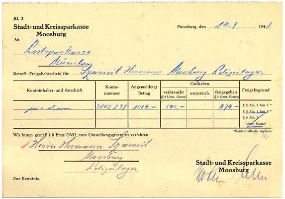 Freigabebescheid (Zahlungsanweisung) Stadt- und Kreissparkasse Moosburg - Postsparkasse M�nchen f�r Szameit Hermann *24.Juli 1913