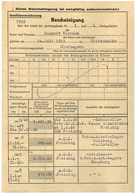 Bescheinigung zur Invalidenversicherung 1945-1949 von Szameit Hermann *24.Juli 1913