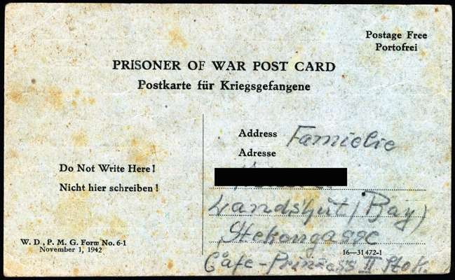 Postkarte vom 06.05.1946 aus dem Internierungslager 6 in Moosburg