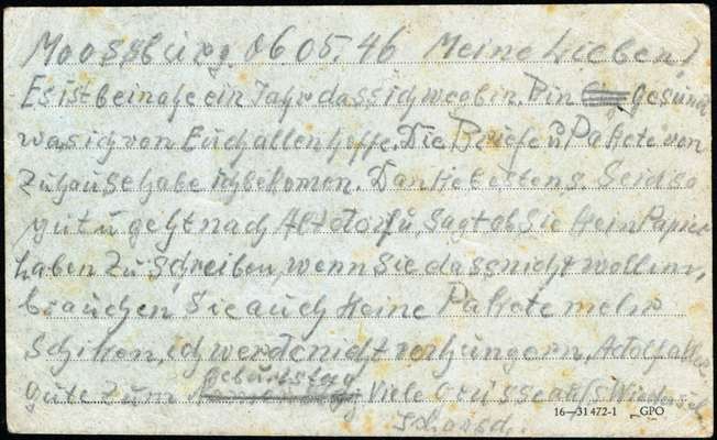 Postkarte vom 06.05.1946 aus dem Internierungslager 6 in Moosburg
