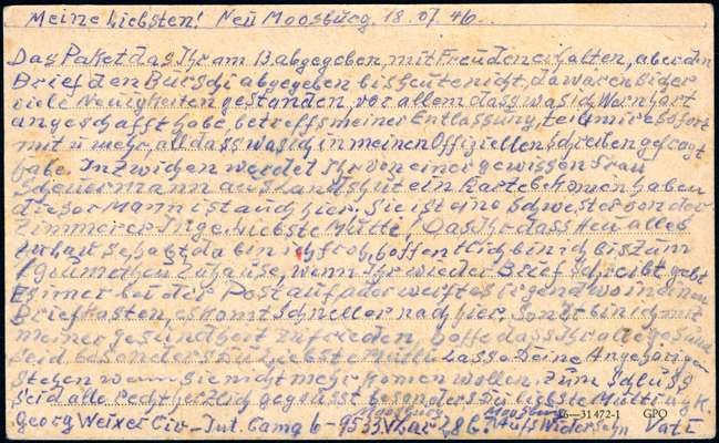 Postkarte vom 18.07.1946 aus dem Internierungslager 6 in Moosburg