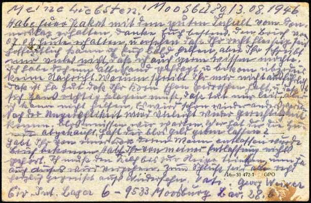 Postkarte vom 13.08.1946 aus dem Internierungslager 6 in Moosburg