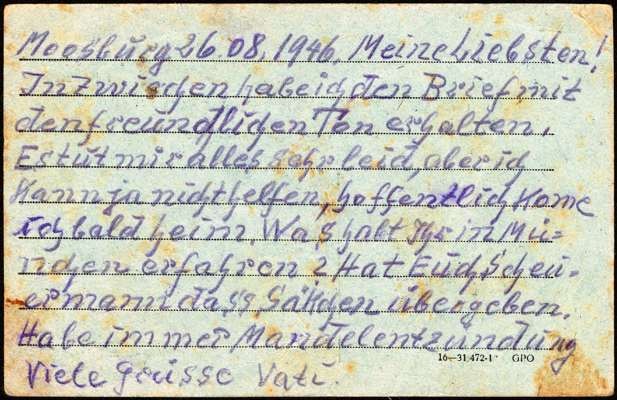 Postkarte vom 26.08.1946 aus dem Internierungslager 6 in Moosburg
