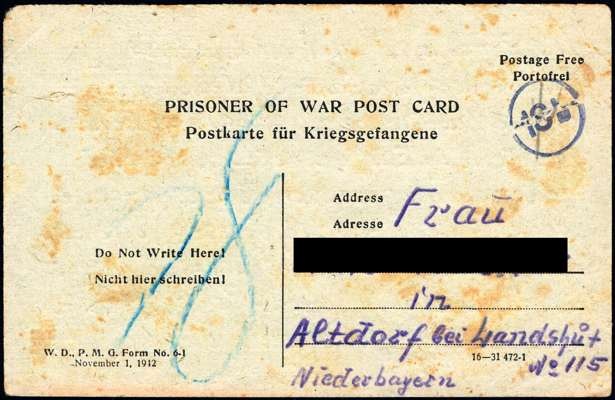Postkarte vom 02.10.1946 aus dem Internierungslager 6 in Moosburg