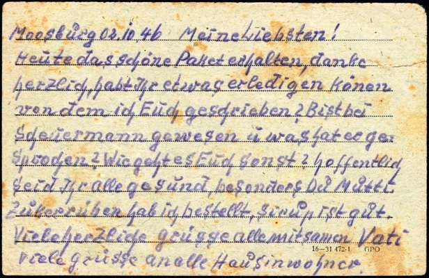 Postkarte vom 02.10.1946 aus dem Internierungslager 6 in Moosburg