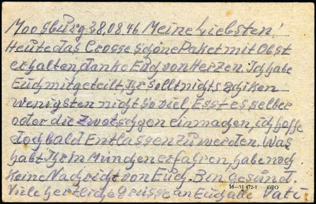 Postkarte vom 28.08.1946 aus dem Internierungslager 6 in Moosburg