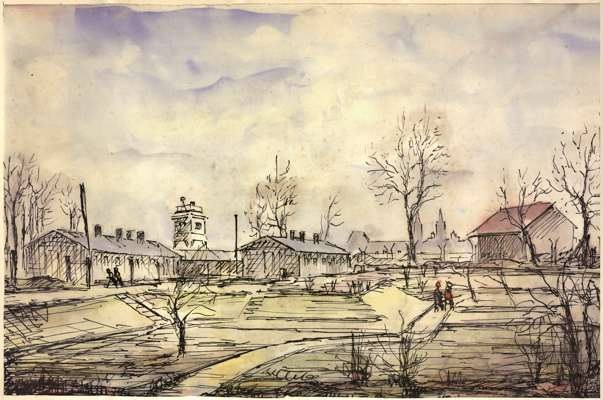 Internierungslager Moosburg, Federzeichnung-Aquarell von Kurt Ernst Kyriss