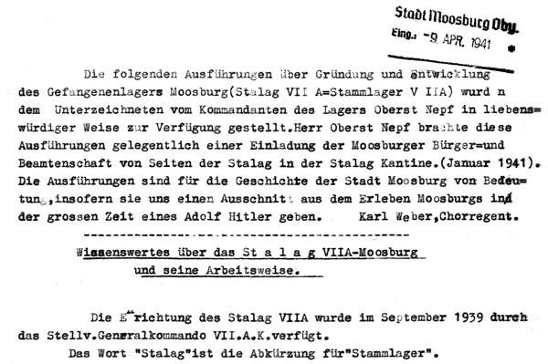 Bericht von Oberst Nepf vom 9. April 1941 ber die Grndung und Entwicklung des Kriegsgefangenen Lagers Stalag VIIA in Moosburg