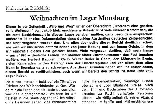 Weihnachten 1945 im Lager Moosburg - 1977 aus Der Freiwillige, Zeitung f�r Mitglieder der ehemaligen Waffen SS