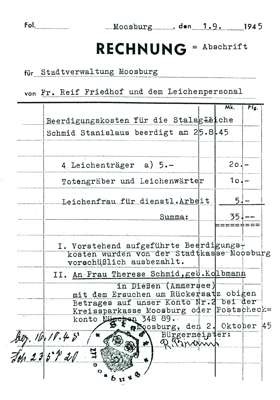 Rechnung Stadtverwaltung Moosburg 1.9.1945 fr StalagLeiche, Beerdigungskosten Stanislaus Schmid
