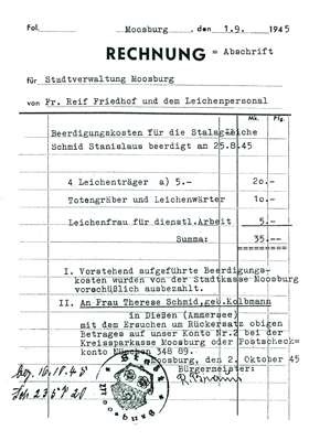 Rechnung Stadtverwaltung Moosburg 1.9.1945 f�r StalagLeiche, Beerdigungskosten Stanislaus Schmid