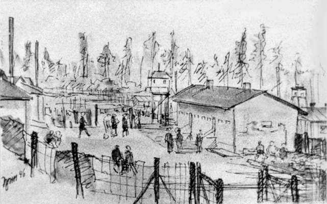Moosburg Internierungslager, das Frauenlagerlager, Federzeichnung des Internierten Kurt Kyriss