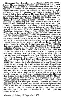 Moosburger Zeitung 13. September 1952, Hans Nepf mit 73 Jahren verstorben