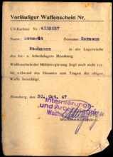 Vorlufiger Waffenschein von Wachmann Hermann SZAMEIT 30. Okt. 1947