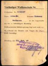 Vorl�ufiger Waffenschein von Wachmann Hermann SZAMEIT 30. Okt. 1947
