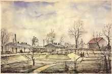 Internierungslager Moosburg, Federzeichnung-Aquarell von Kurt Ernst Kyriss