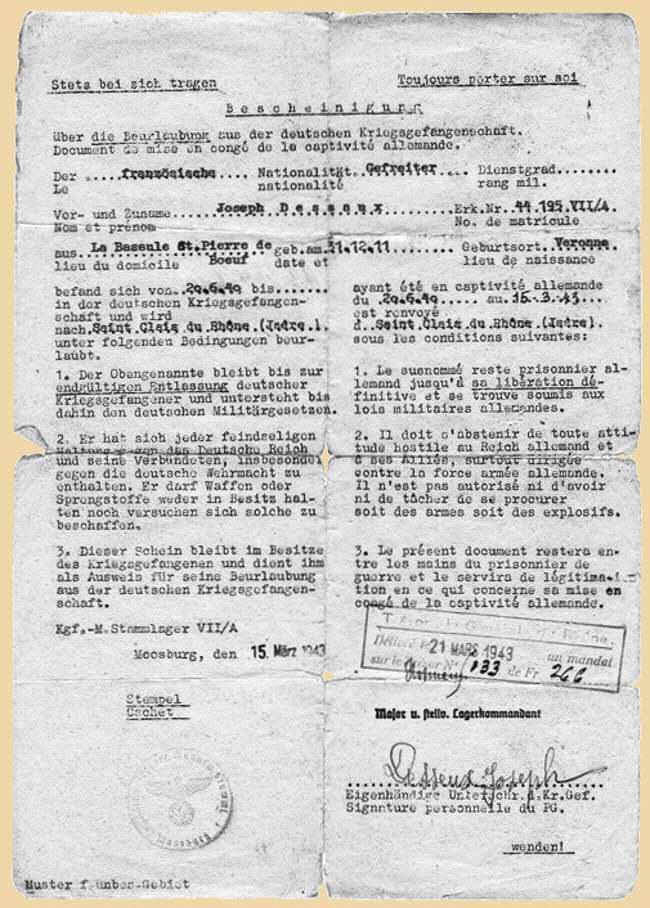 Vorderseite Bescheinigung Beurlaubung aus der Kriegsgefangenschaft Joseph Desseux