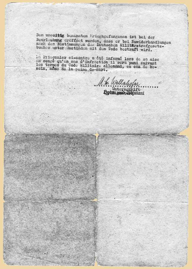 R�ckseite Bescheinigung Beurlaubung aus der Kriegsgefangenschaft Joseph Desseux