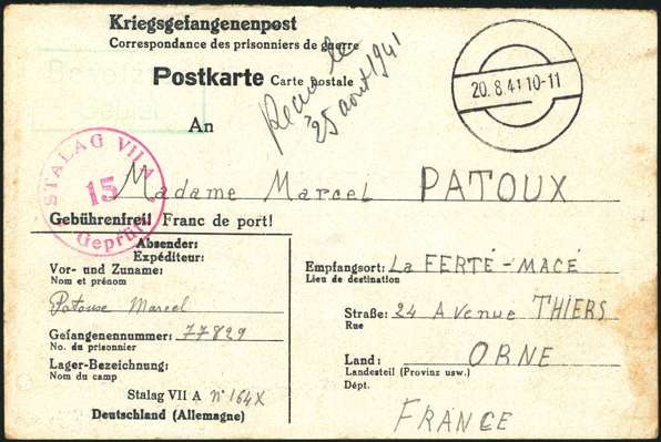 Kriegsgefangenenpost aus Stalag VII A - 1941, Marcel Patoux, Gefangenennummer 77829