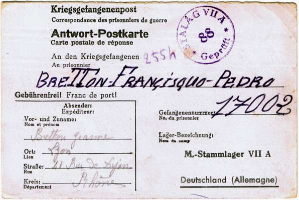 1942 Post f�r den Kriegsgefangenen Francisquo Pedro Bretton in Stalag VII A, Gefangenennummer 17002 von Jeanne Bretton