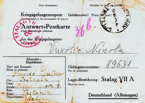 1942 Post f�r den Kriegsgefangenen Vukotie Nikola in Stalag VII A, Gefangenennummer 89631 von Popovic Dusan, Serbien