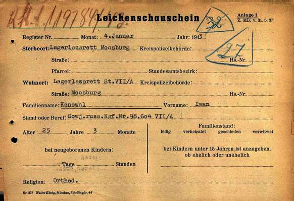 Leichenschauschein 98604, KONOWAL Iwan, USSR