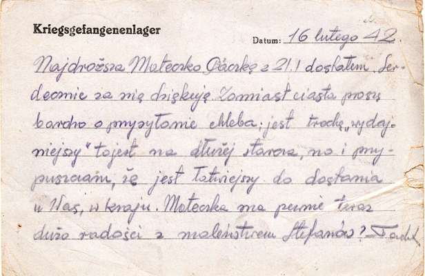 1942, Tad. Jablonowski, aus Polen, Gefangenennummer 32350, schreibt an Jozefa Jablonowska in Warschau