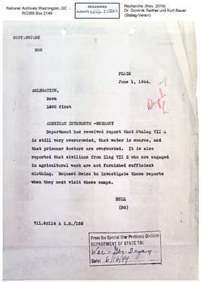 Das U.S. State Department schreibt am 1. Juni 1944 an das Rote Kreuz