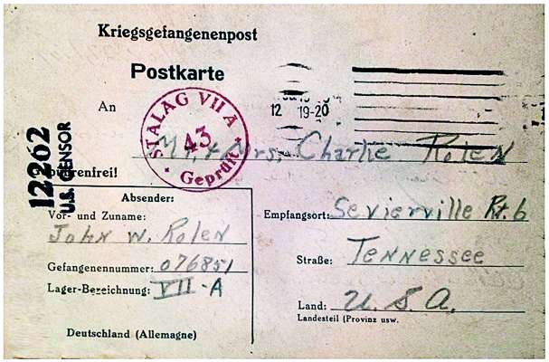 Kriegsgefangenenpost von John W. Rolen aus Stalag VII A