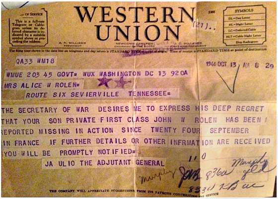 Telegramm John W. Rolen MISSING IN ACTION, 13. Oktober 1944
