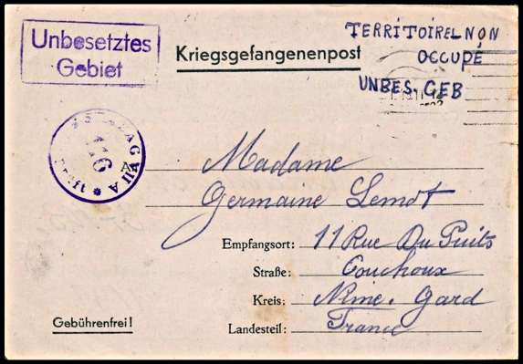 Kriegsgefangenenpost, Unbesetztes Gebiet Frankreich