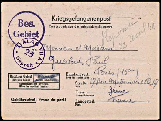 Kriegsgefangenenpost, Besetztes Gebiet Frankreich