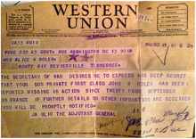 Telegramm John W. Rolen MISSING IN ACTION, 13. Oktober 1944